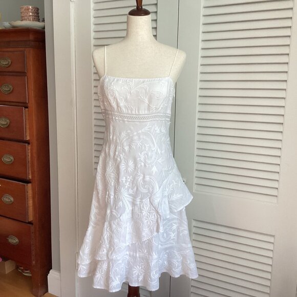 Ralph Lauren 100% Linen White Embroidered Midi Dress Size 10 Ruffled Hem & Spagh - Picture 13 of 16